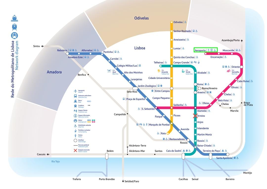 aeroporto de lisboa para a cidade de metro mapa